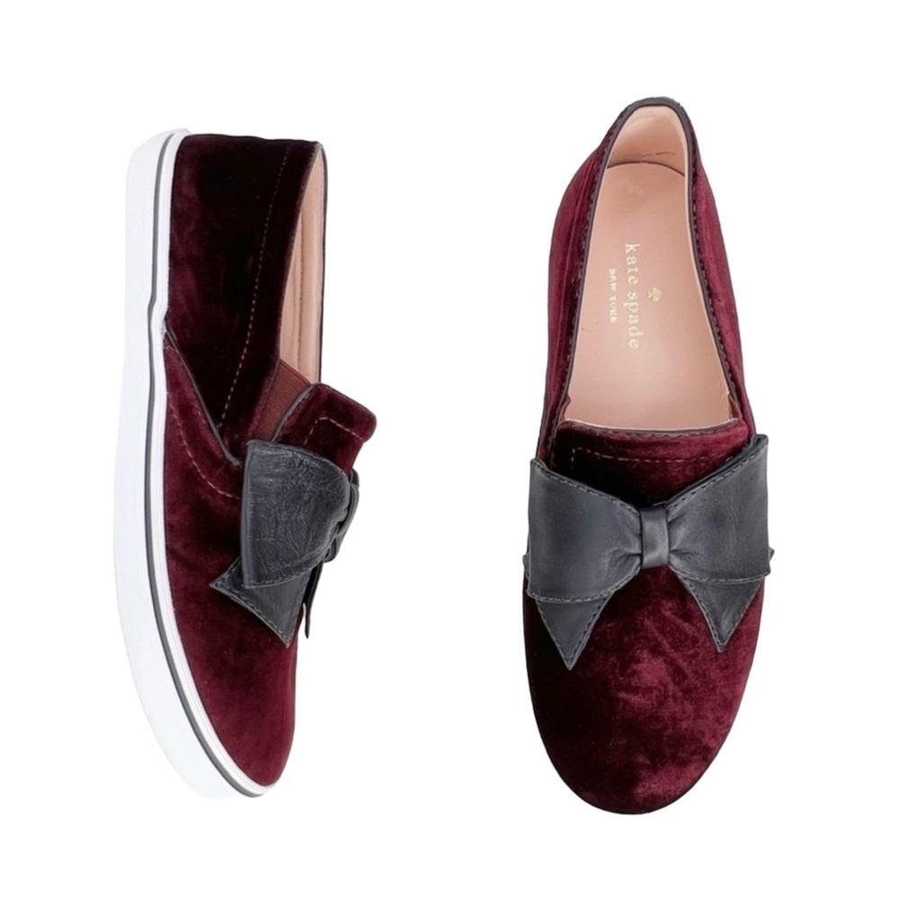 Kate Spade Sneakers Delise Velvet Size 7.5 Wine w/Black Faux Leather Bow New